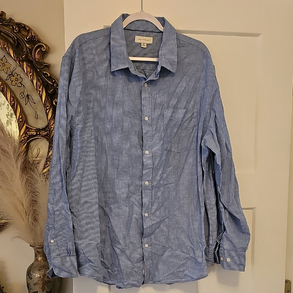 Free Assembly Men's Cotton/Linen Light Blue With White Stripe Button-Down Shirt
